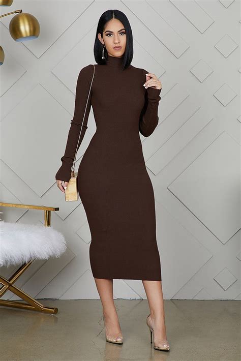 Ribbed High Neck Midi Dress (Dark Brown) | Winter dress outfits, Brown ...