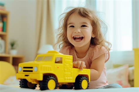 AI generated cute happy girl playing with toys on toy truck 35719667 Stock Photo at Vecteezy