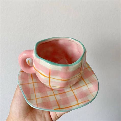 “Pastel check” 2pc irregular shaped ceramic set in pink plaid - cup & saucer | Ceramics pottery ...
