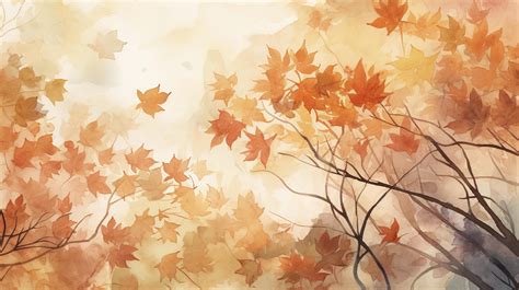 Autumn background with watercolor leaves on top, in the style of light orange and light beige ...