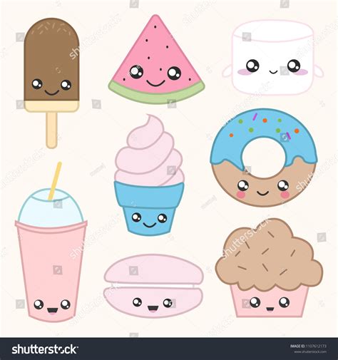 Set Cute Cartoon Food Stickers Kawaii Stock Vector (Royalty Free ...