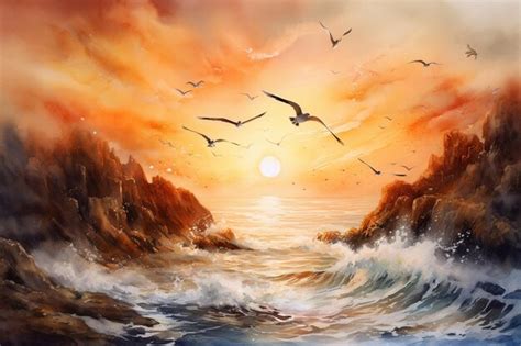 Premium AI Image | Painting of a sunset with birds flying over the ocean generative ai