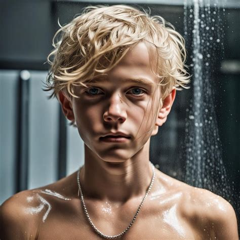 take a picture from sshirtless blond boy adolescent necklace at shower wet body and face water ...