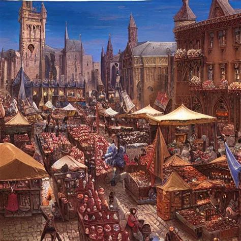 A bustling medieval market in a medieval city, | Stable Diffusion | OpenArt