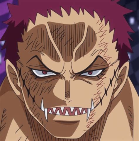 an anime character with red hair and fangs on his face, staring at the ...