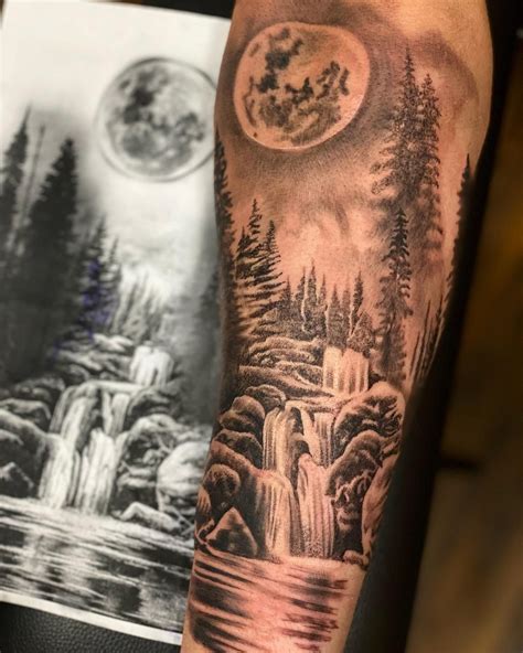 Waterfall and Moon Tattoo | Calf sleeve tattoo, Half sleeve tattoos ...