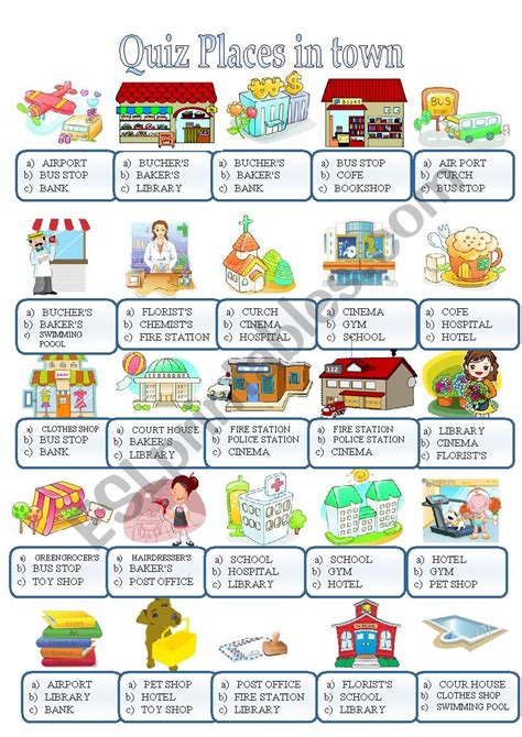 TOWN AND BUILDINGS QUIZ - ESL worksheet by majcek