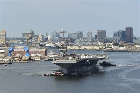 Aircraft carrier USS Harry S. Truman (CVN 75) transits the Elizabeth river from its homeport at ...