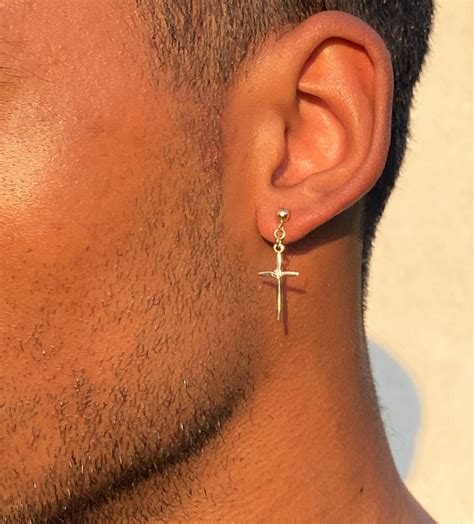 "Dangle cross earrings with ball post and genuine diamonds in solid 14K Gold - unisex earrings ...
