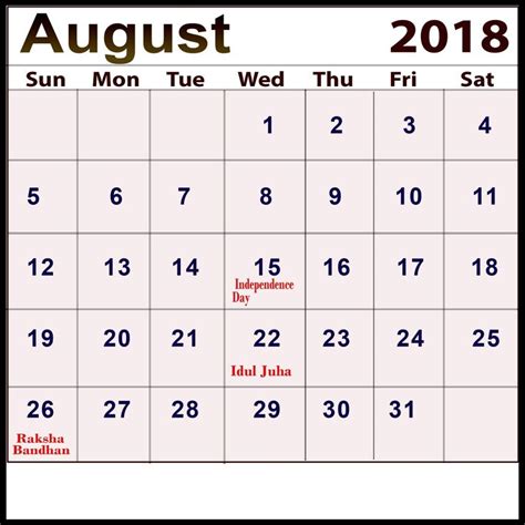 Calendar Holidays For August | Holiday calendar, Free calendar template, Blank calendar template