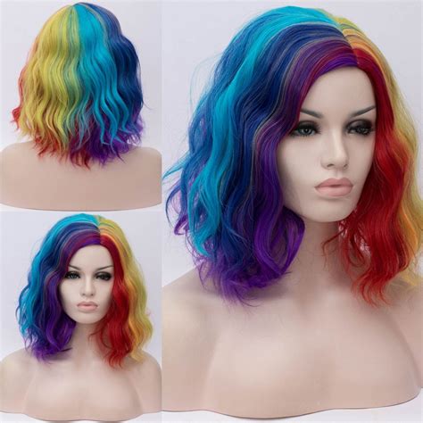 Multi color rainbow wig 12 inch wig with bang colorful Wig | Etsy