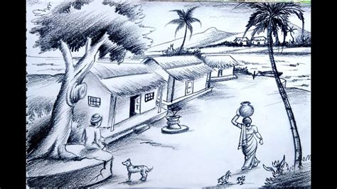 Village scenery pencil shading | How to Draw Village life Scenery | Pencil shading Village scene ...