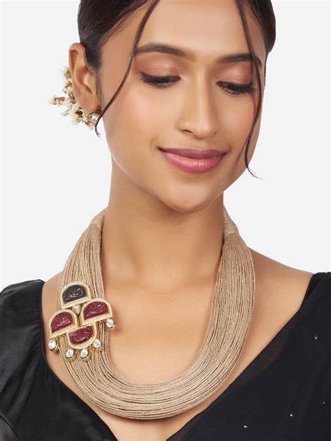 Jute Broach Necklace With Brown & Red Carved Stones - JOULES BY RADHIKA ...