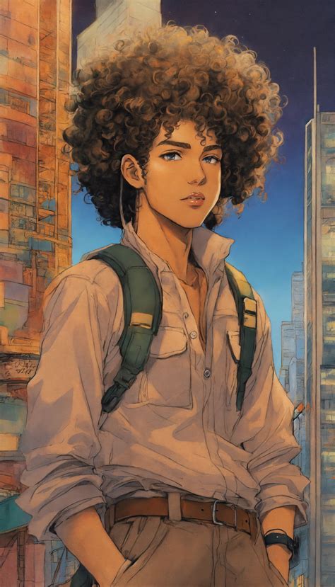 Lexica - Mixed race architect with big curly hair, add sethscope, 90s anime style by Hirohiko Araki
