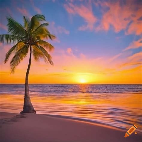 Absolutely gorgeous stunning beautiful beach scene at sunset one palm ...