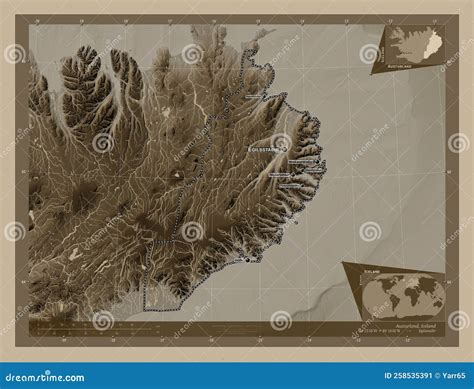 Austurland, Iceland. Sepia. Labelled Points of Cities Stock Illustration - Illustration of ...