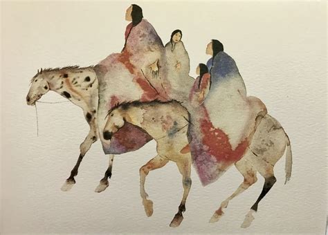 two people riding on the back of horses painted with watercolors and ink,