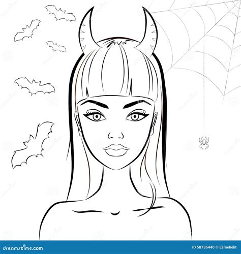 Halloween Devil Girl With Horns. Outline Vector Stock Vector - Image ...