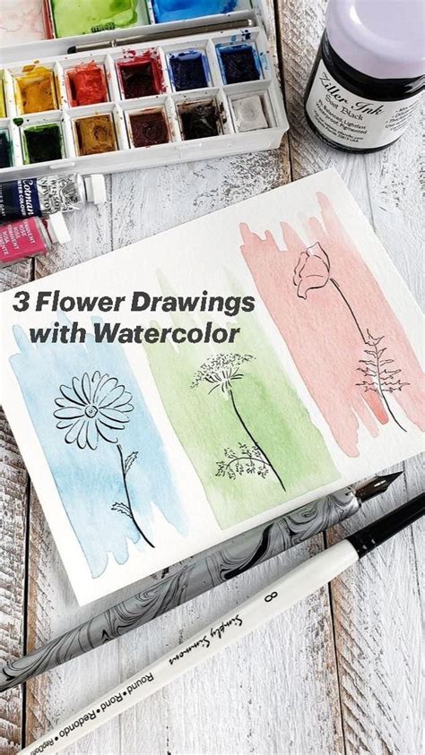 3 Flower Drawings with Watercolor | Flower drawing, Diy watercolor ...