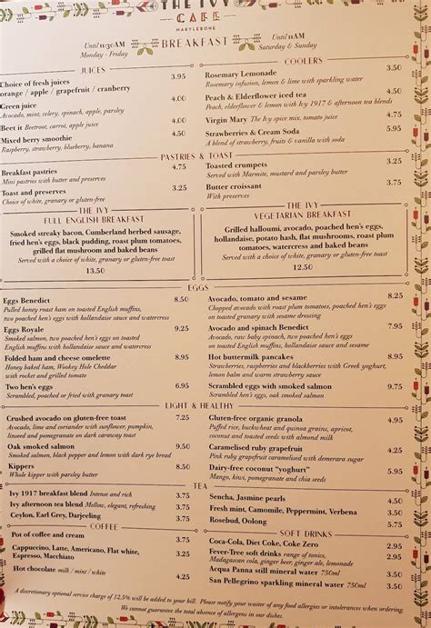 Menu at The Ivy Cafe Marylebone, London, 96 Marylebone Ln