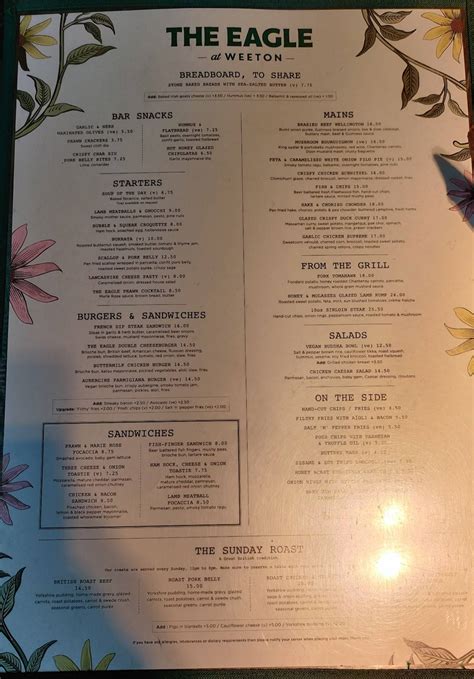 Menu at The Eagle at Weeton pub & bar, Wrea Green