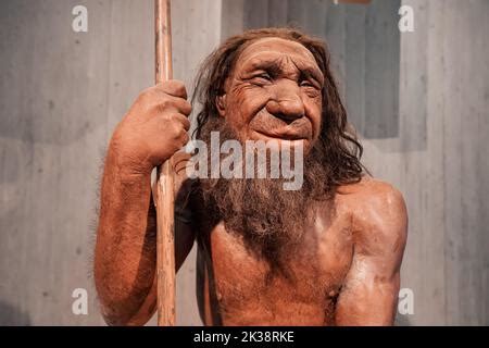 22 July 2022, Neanderthal museum, Germany: Funny modern homo sapiens girl taking selfie photo ...