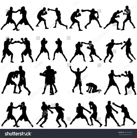 Group Of Different Poses Of Boxer Players Vector Silhouette Isolated On ...