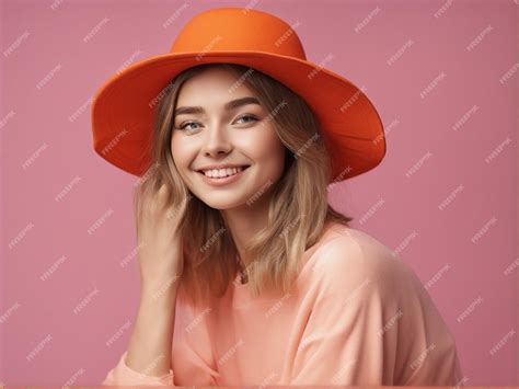 Premium AI Image | A australian girl wearing trendy bright orange color clothes and round hat