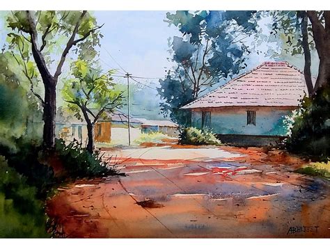 Bright Indian Village Watercolor Painting Hand Painted Village Homes And Rural Landscape Stock ...