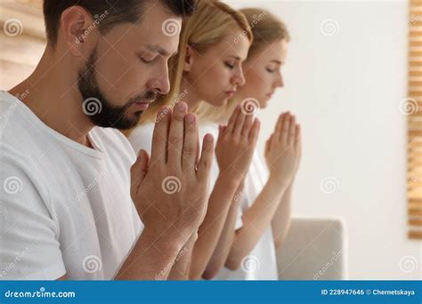 Group of Religious People Praying Together Indoors. Space for Text Stock Photo - Image of adult ...