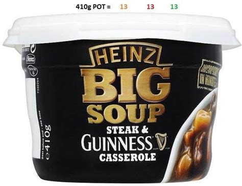 a container of heinz's big soup with meat and guinness casserole