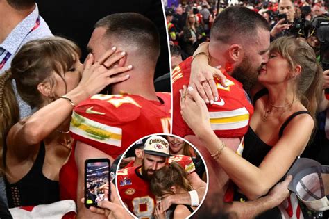 Taylor Swift and Travis Kelce kiss after the Kansas City Chiefs' Super Bowl 2024 win
