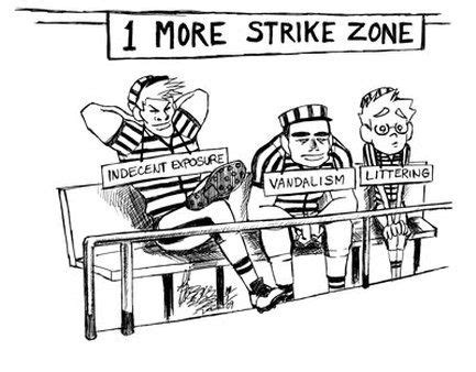 three people sitting on a bench with signs in front of them that read 1 more strike zone