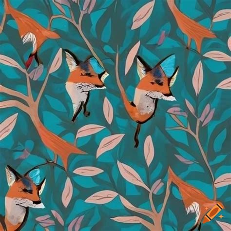 Pattern design with foxes and teal branches