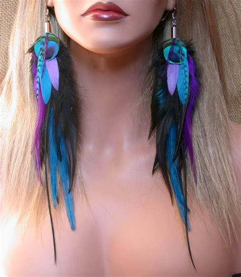 Items similar to Super Long Peacock Feather Earrings with Jewel Colors ...