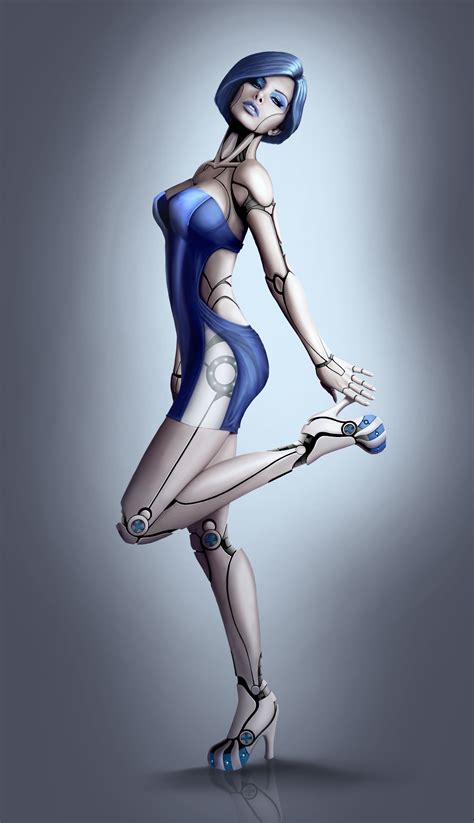 a futuristic woman in blue and white poses for the camera with her hands on her hips