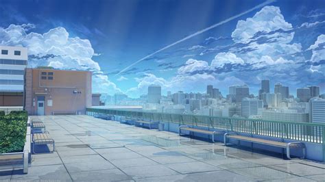 Anime School Rooftop Scene with Benches and Buildings