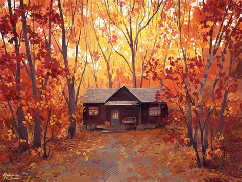 Autumn Log Cabin Desktop Wallpaper