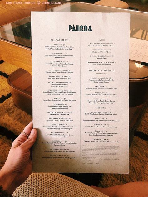 Menu at Palma restaurant, Santa Monica