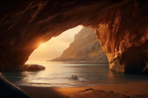 Premium Photo | A cave with a sunset in the background