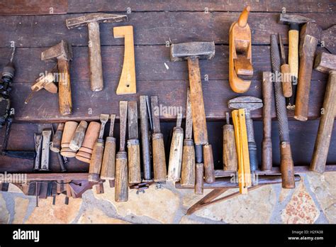 Vintage woodworking tools on a wooden workbench Stock Photo - Alamy