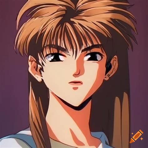 80s style anime boy with long straight brown hair