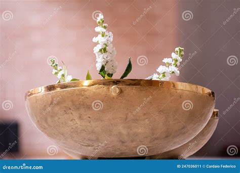 Baptismal Font with Flowers in the Church Stock Image - Image of candle ...