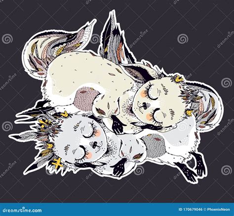 Adorable Cute Sleeping Baby Forest Fox Spirits - Wild Monster Kitsune. Stock Vector ...