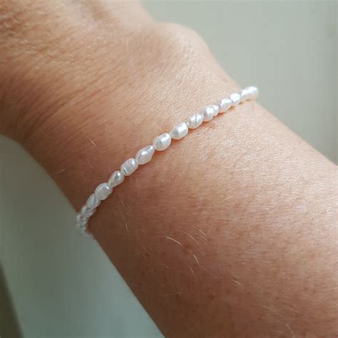 Tiny Freshwater seed Pearl Bracelet Sterling Silver small white real pearl Bracelet simple rice ...