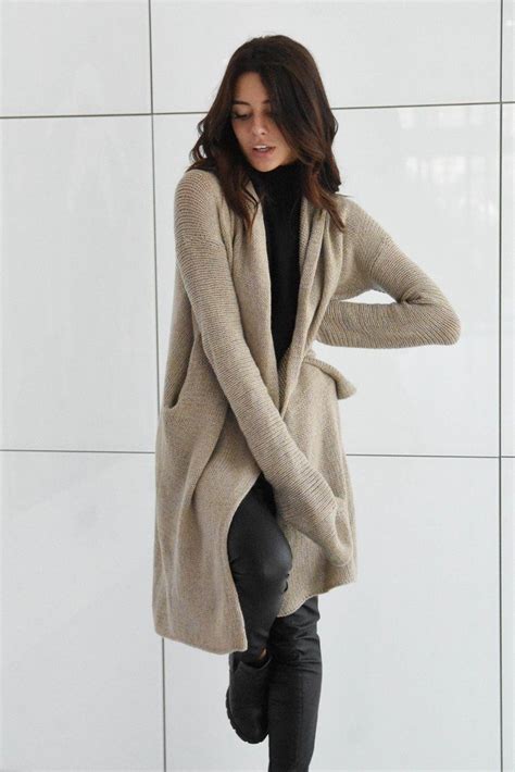 Cashmere cardigan Hooded sweater Extra long sleeve Beige/Oatmeal ...