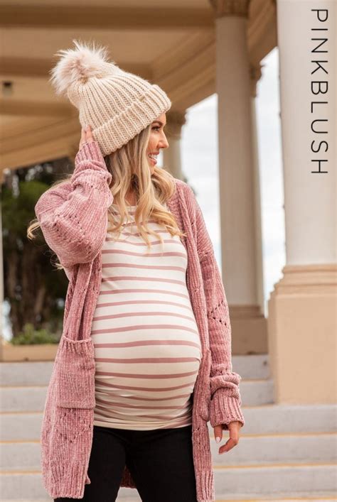 DETAILS: A striped maternity top. Ruched sides. Rounded neckline. 3/4 sleeves. Cute Maternity ...