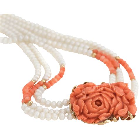 Vintage Carved Coral Necklace Freshwater Pearls 14 Karat Gold Long 32' Flower Strand --- found ...