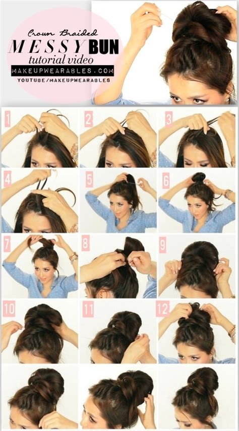 5 minute Messy Bun with Crown Braid Tutorial Video | Cute Hairstyles ...