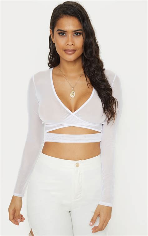 White Mesh Wrap Long Sleeve Crop Top | Tops | PrettyLittleThing AUS